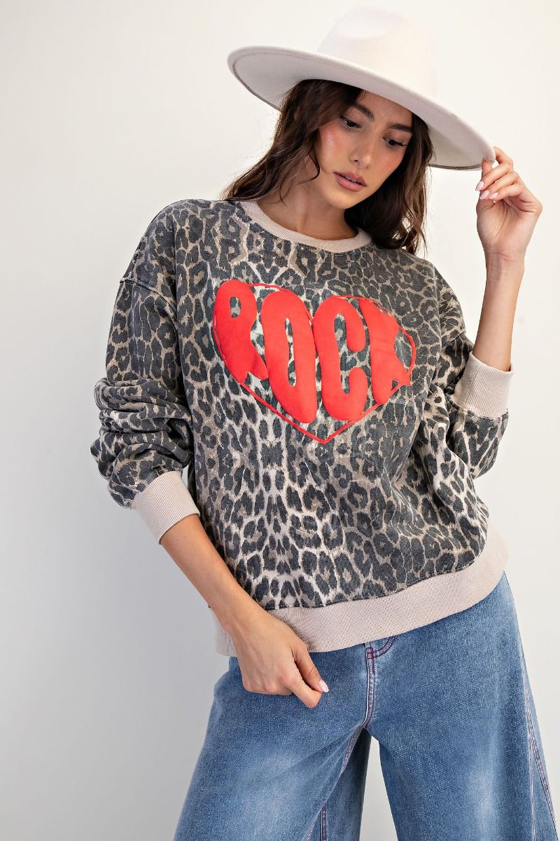 ANIMAL PRINTED ROCK HEART MINERAL WASHED TERRY KNIT PULLOVER