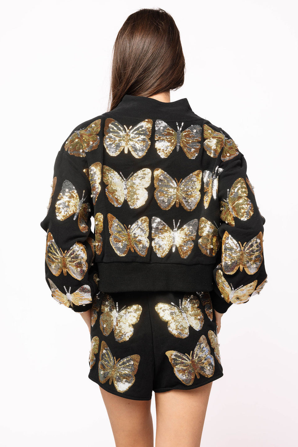 Queen Of Sparkles Black & Gold Sequin Butterfly Mockneck Sweatshirt OR Sweatpant