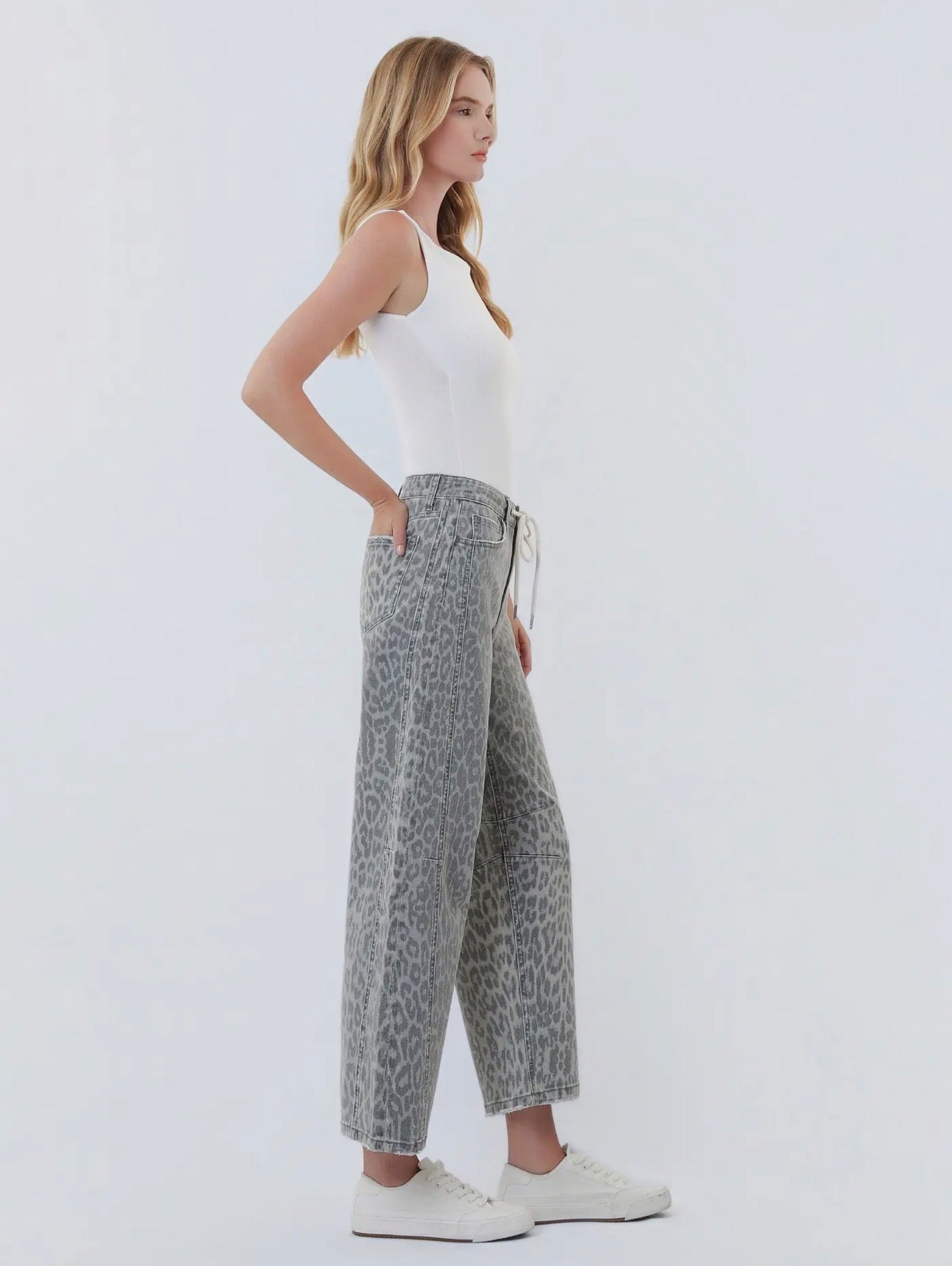 High Rise Drawstring Grey Leopard Barrel Jeans
