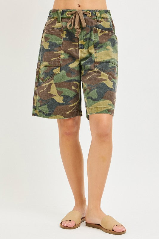 Slouchy Jorts In Camo Print And Eyelet Waistband