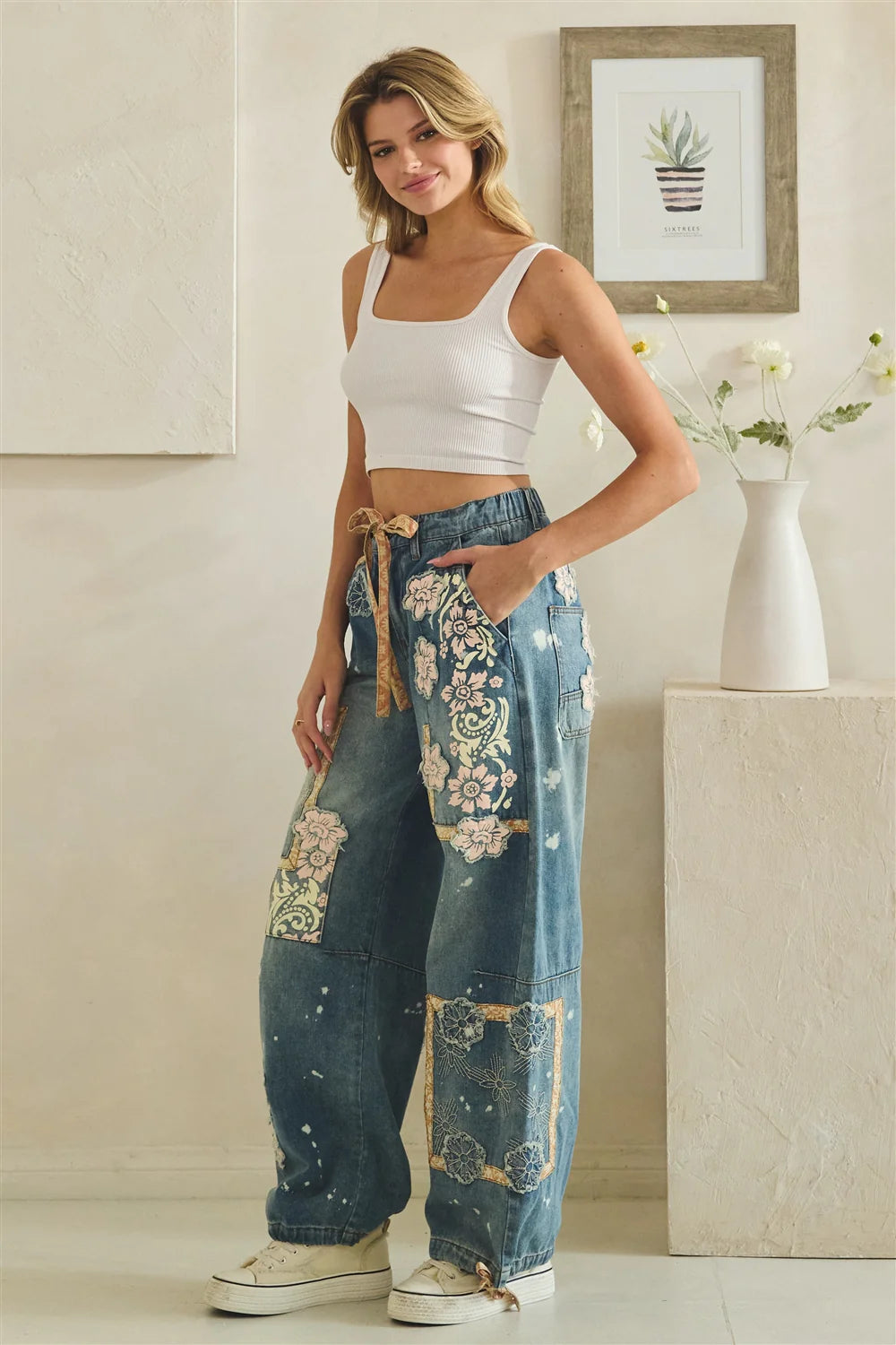 WASHED BLOCK PATCHED DENIM PANTS