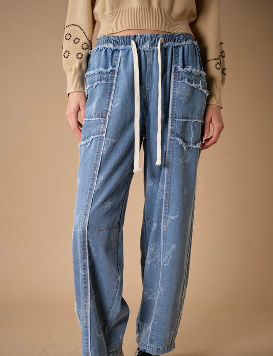 Western Print Patch Pocket Denim Pants