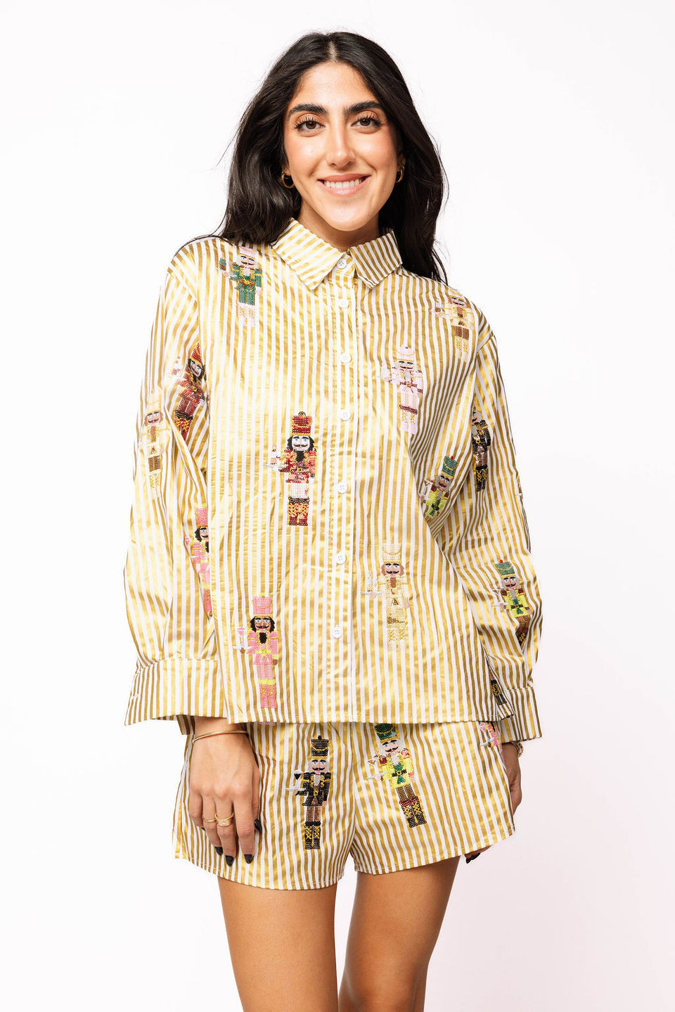 Queen Of Sparkles Gold Metallic Stripe Cocktail Serving Nutcracker Button Up
Top