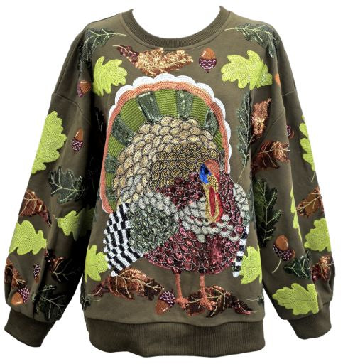 Olive Green Multi Turkey And Leaves Sweatshirt | Queen Of Sparkles