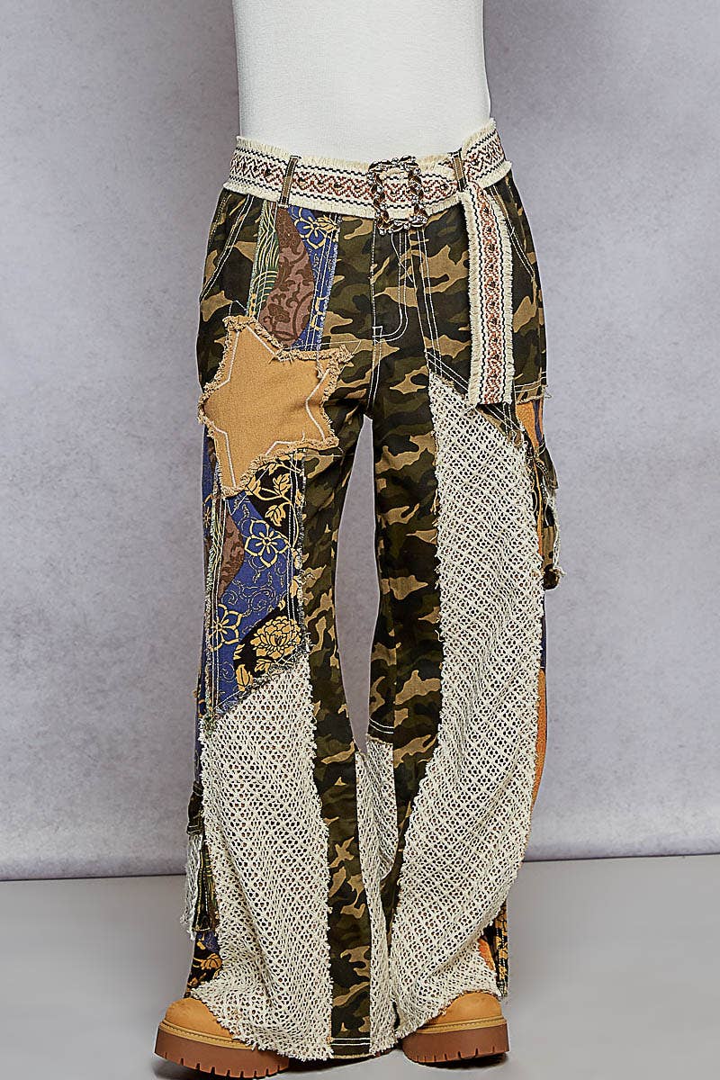 Printed patchwork detail woven twill pants