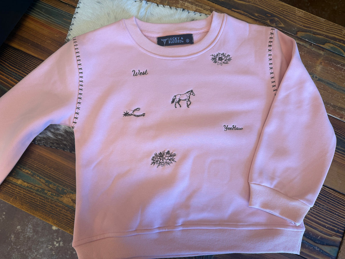 GIRLS PINK WESTERN EMBROIDERY
PULLOVER SWEATER