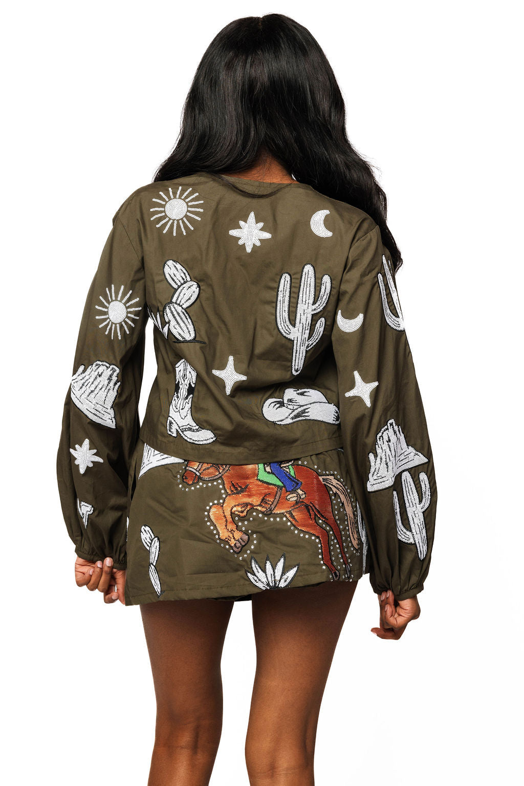 Queen Of Sparkles Green & Ivory Western Icon Tie Up Long Sleeve Top