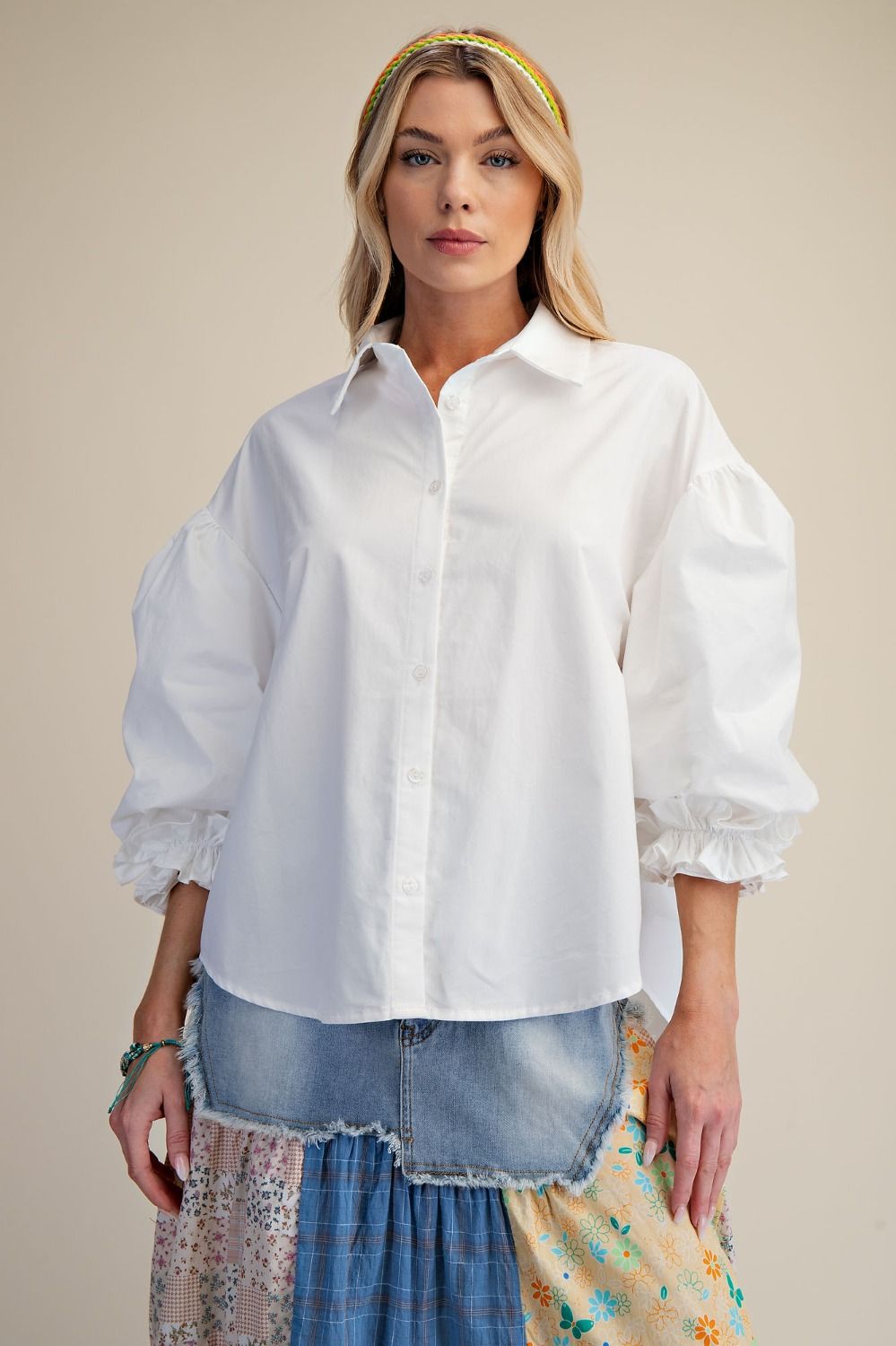 3/4 SLEEVES BUTTON DOWN POPLIN SHIRT
