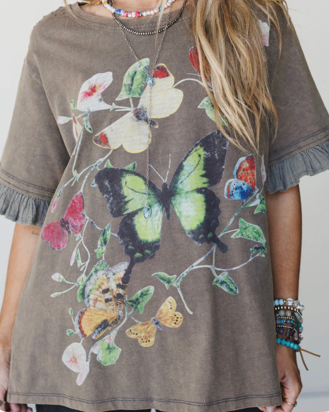 Ash Butter Fly Print Ruffle short sleeve t-shirt