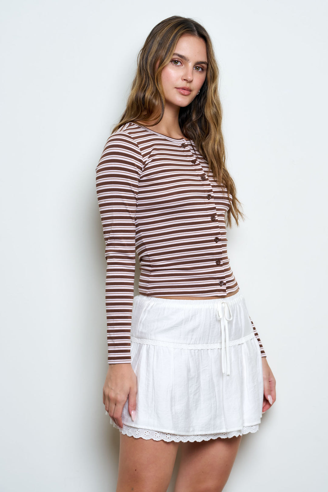 BUTTON DOWN CREW NECK STRIPED LONG SLEEVE KNIT TOP