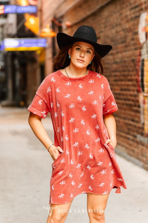 BURGUNDY RED MINERAL WASHED HORSE PRINTED DRESS