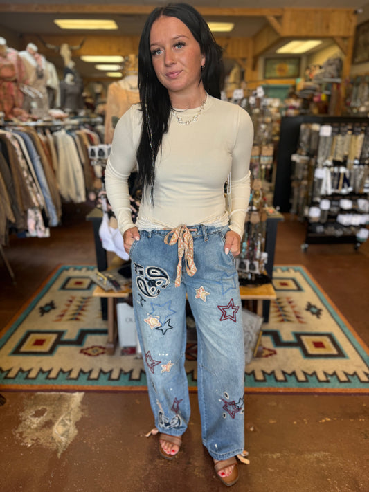 WASHED STARS AND PAISLEY MIX EMBROIDERY DENIM PANTS