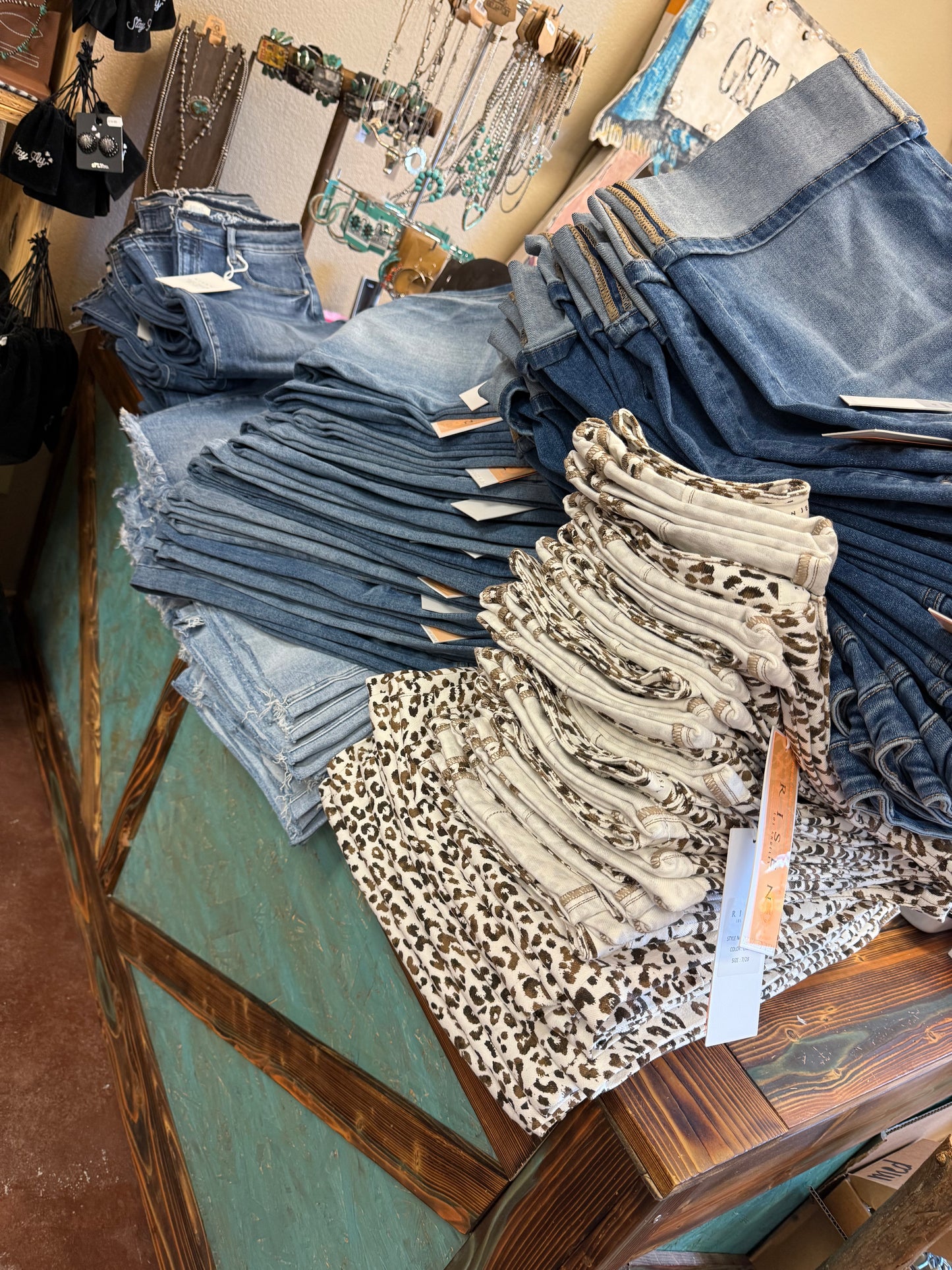 Risen High Rise Leopard Barrel Jeans (light tan)