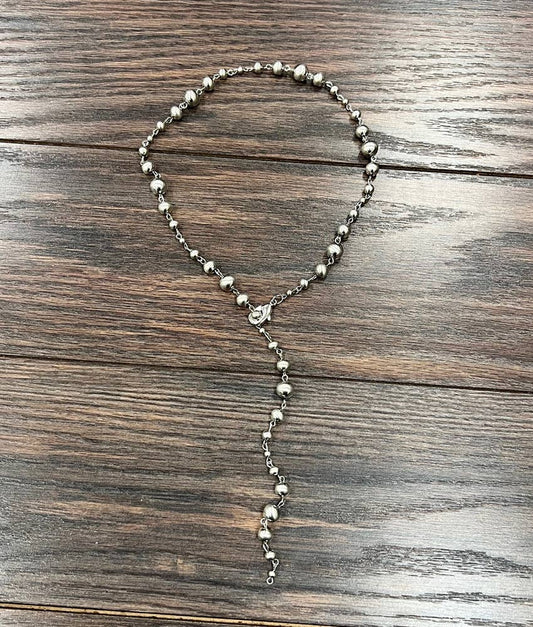 739002, Handmade Lariat Silver Navajo Bead Necklace