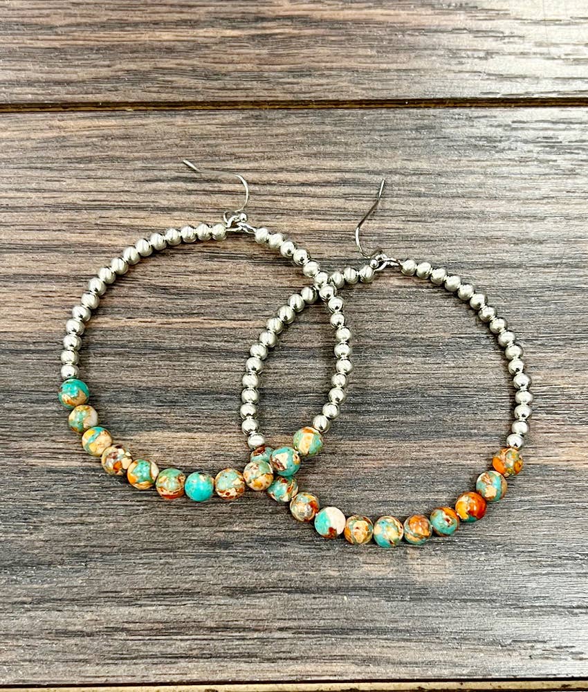 65mm Hoop, Gemstone, Silver Navajo Bead Earrings