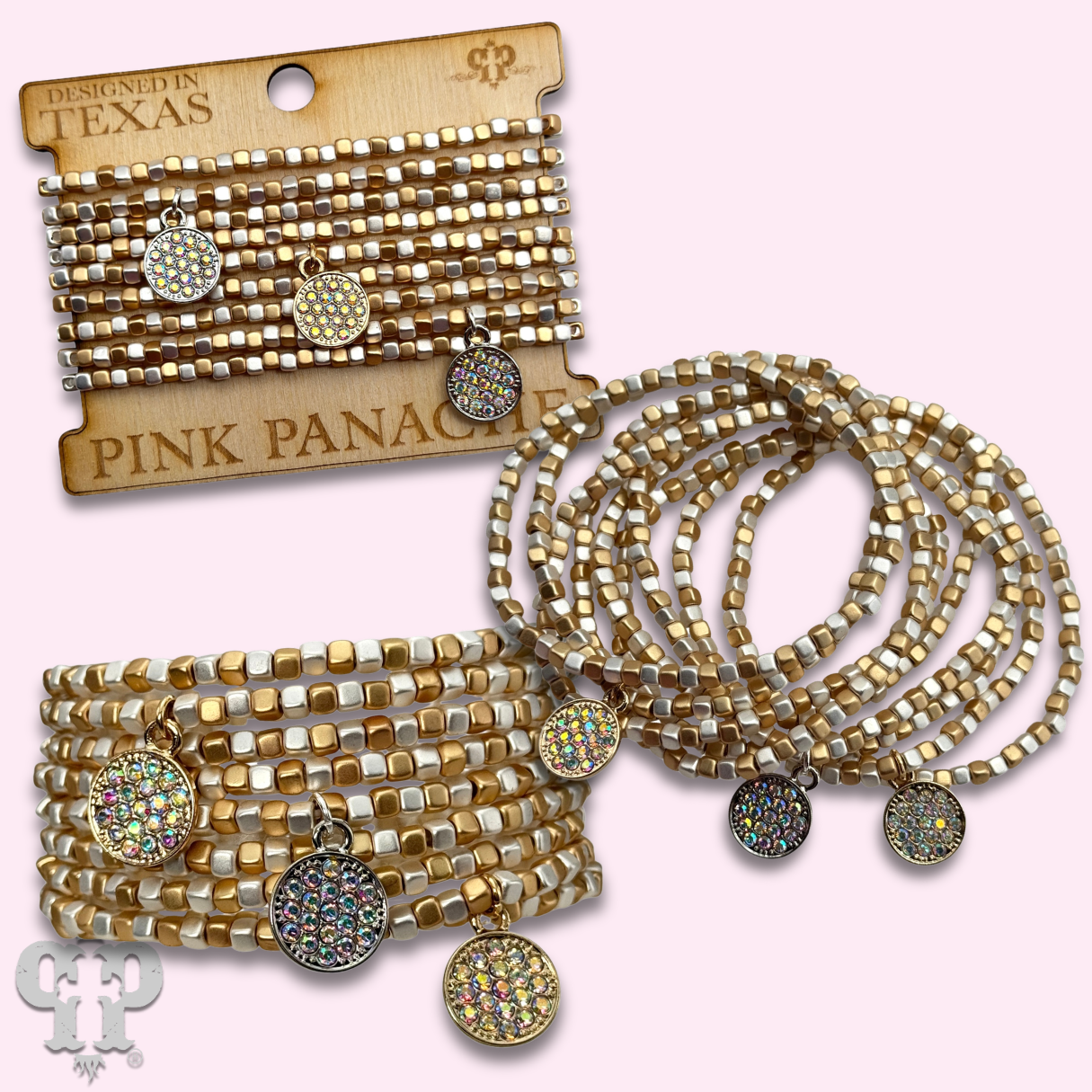 Gold and silver square bead bracelet with pave rhinestone charms