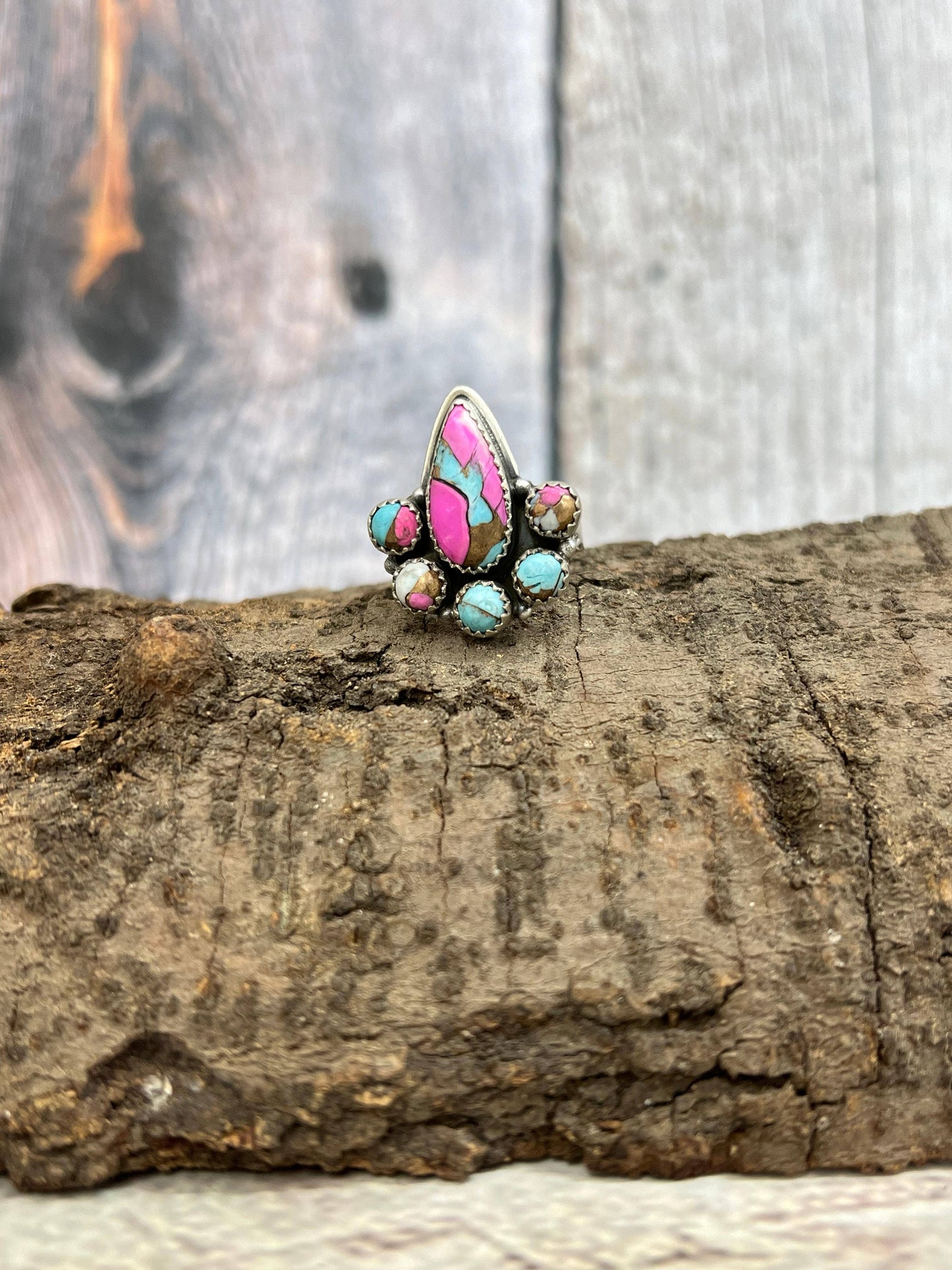 Handmade Sterling Silver Cotton Candy Turquoise Adjustable Ring with Signed Nizhoni