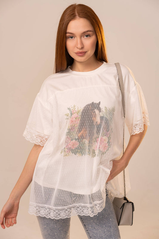 Horse Print Mesh Lace Trim T-Shirt