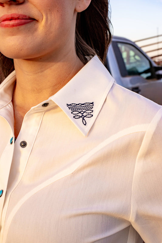 Boot Stitch Embroidered Top with Turquoise Snaps