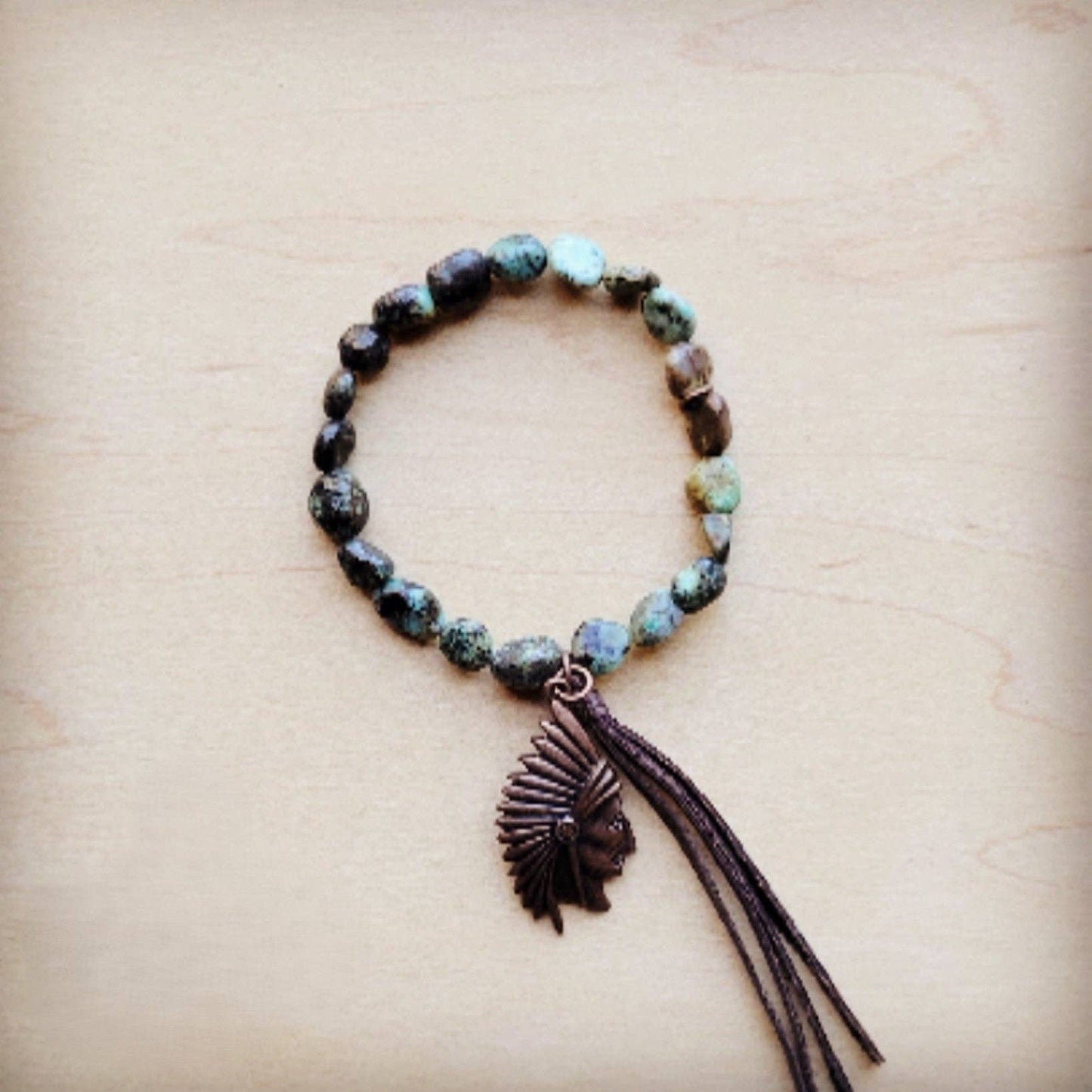 **Natural Turquoise Stretch Bracelet w/ Indian Charm 809u