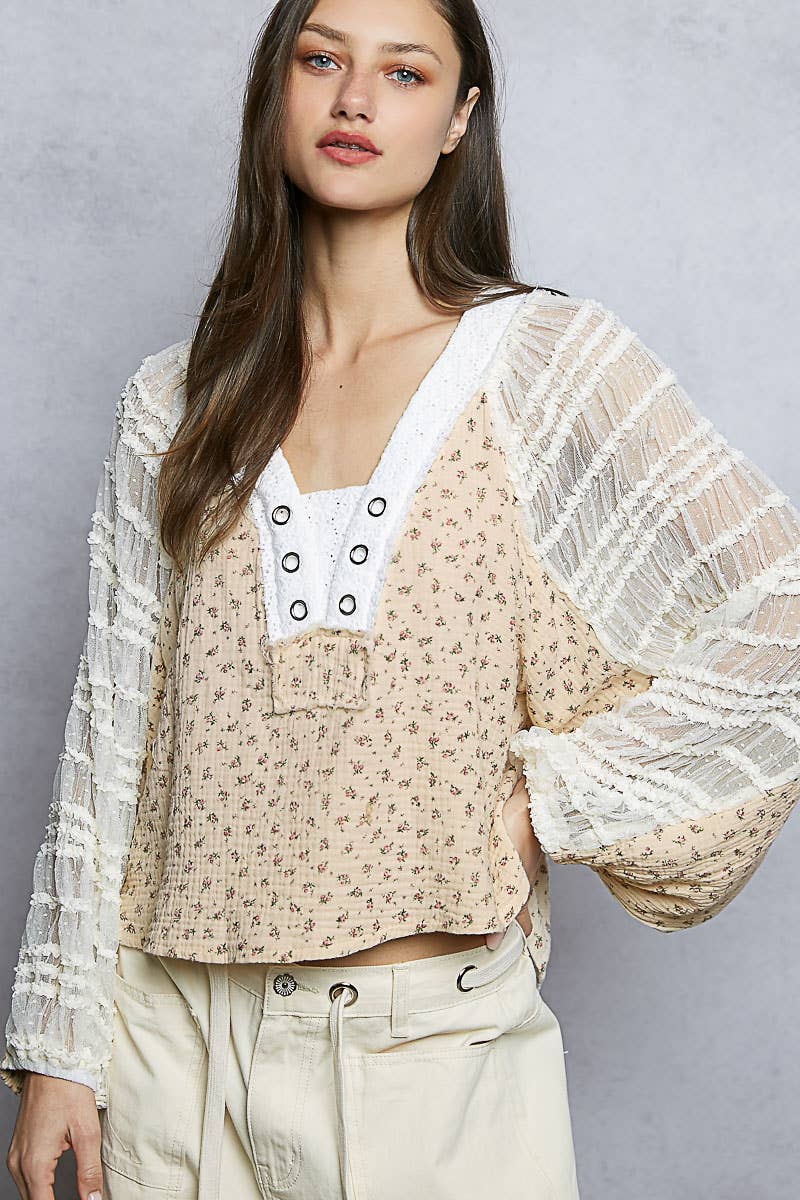 Long Sleeve V neck Lace Contrast Printed Woven Top
