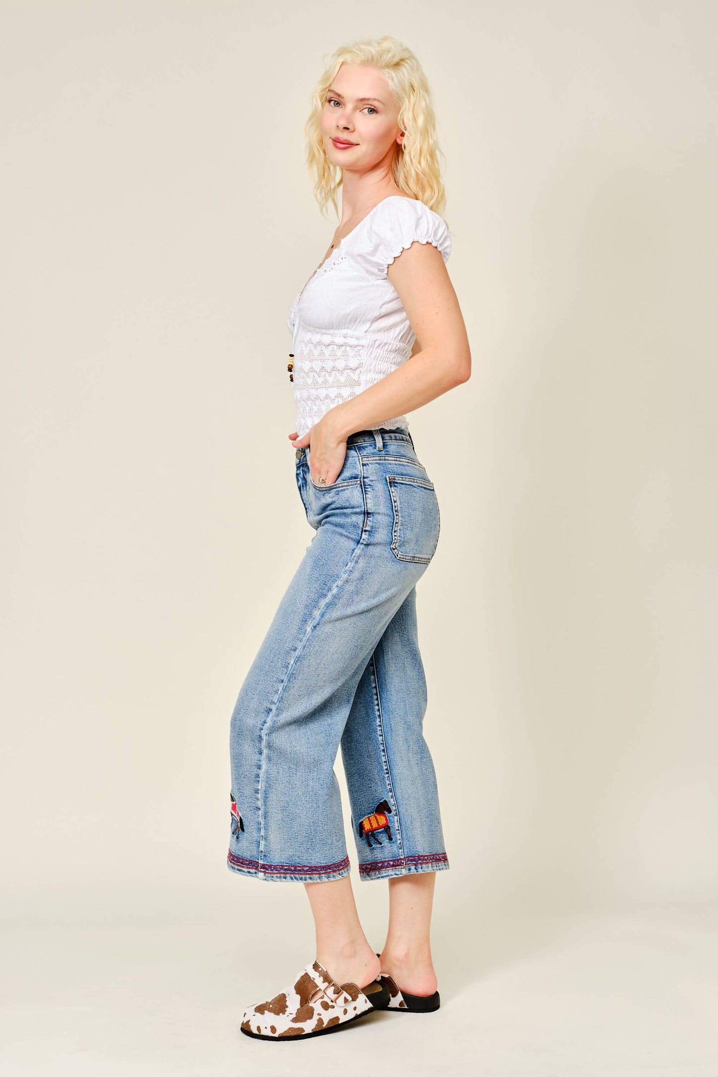 Horse Embroidered Cropped Denim