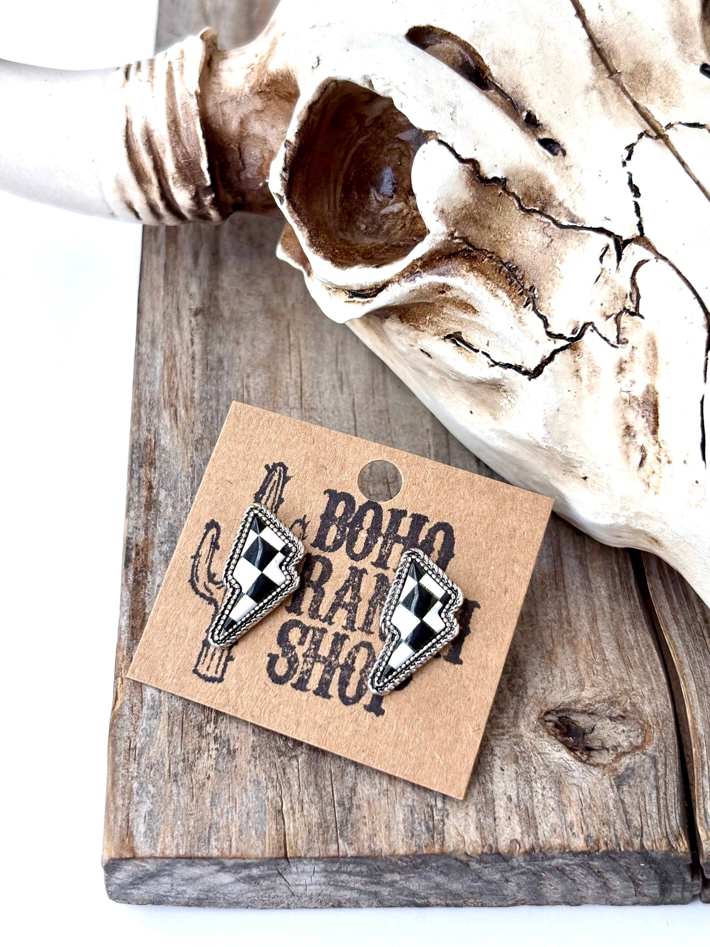 Western Checker Checkered Lightning Stud Earrings