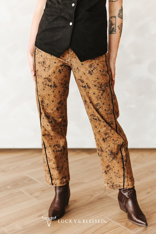 CAMEL FLORAL PRINTED STRETCH DENIM MID RISE BARREL
JEANS (28IN INSEAM)