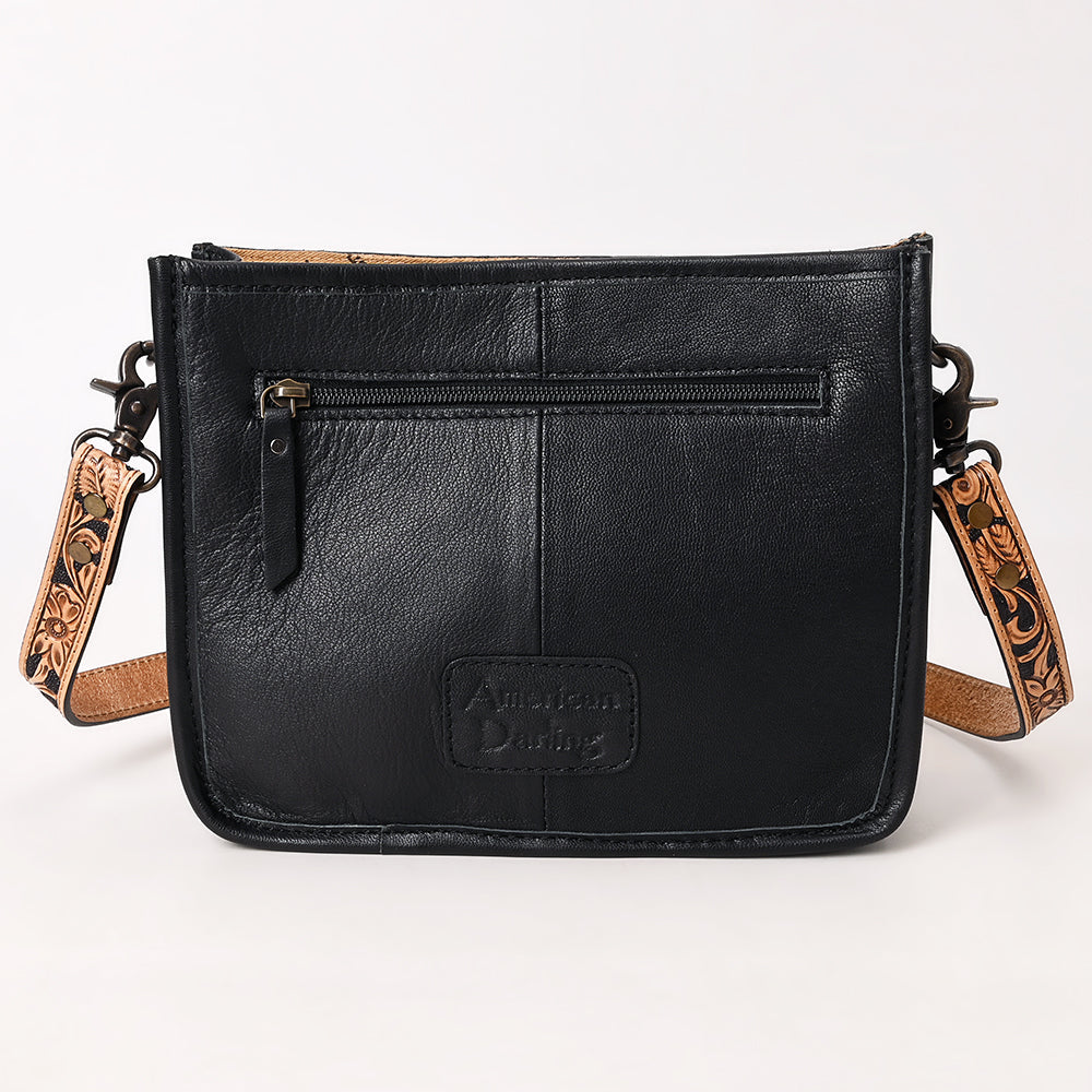 Black Genuine Leather Crossbody Bag with Hand-Tooled Details and Fringes