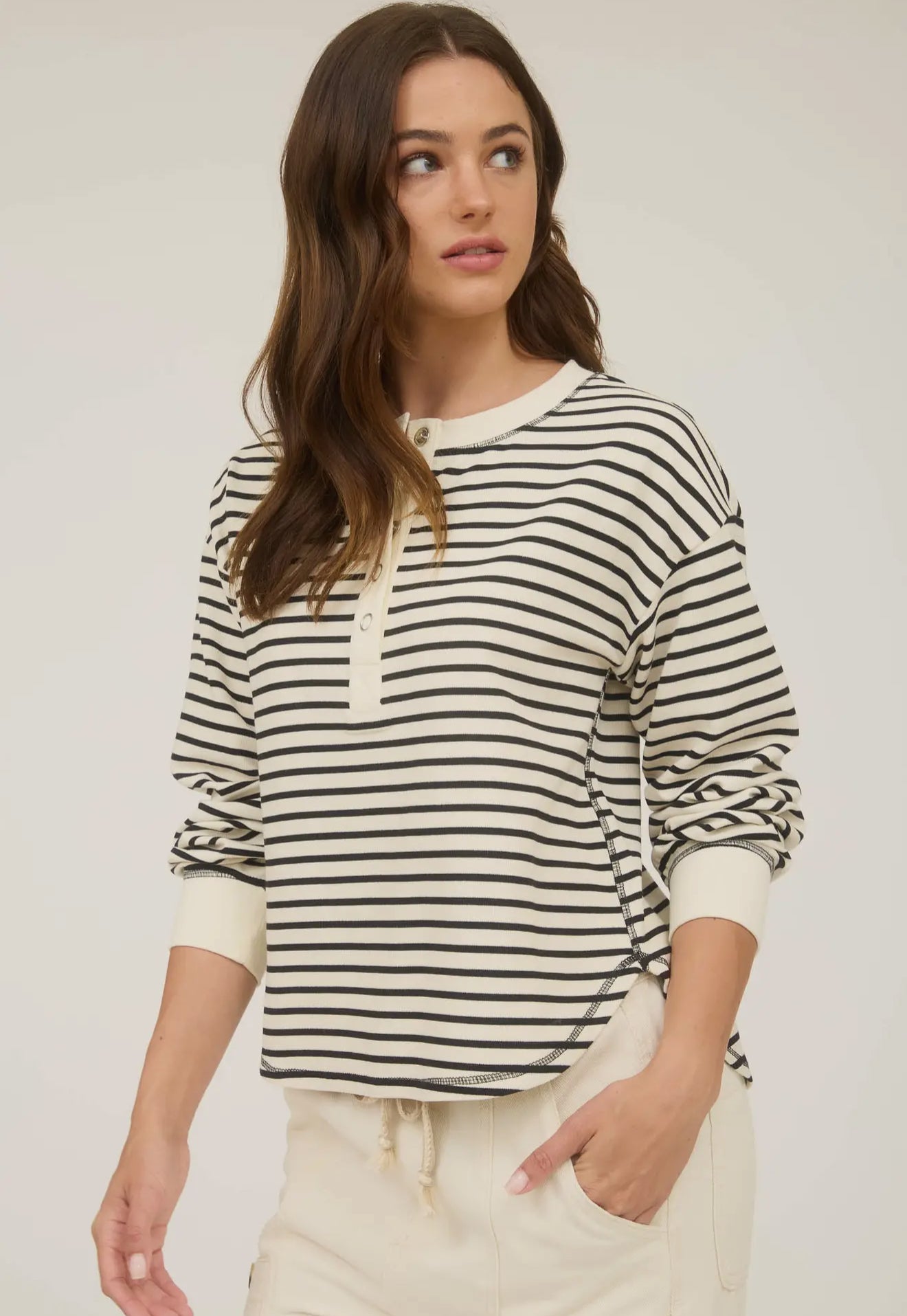 Stripe Henley Snap Button Long Sleeve
Knit Top