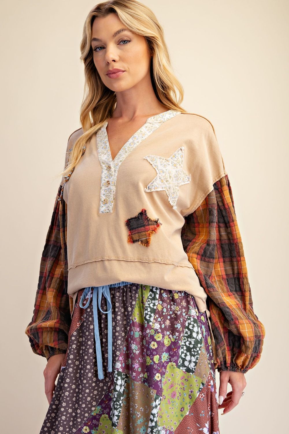 STAR PATCH WASHED COTTON KNIT TOP