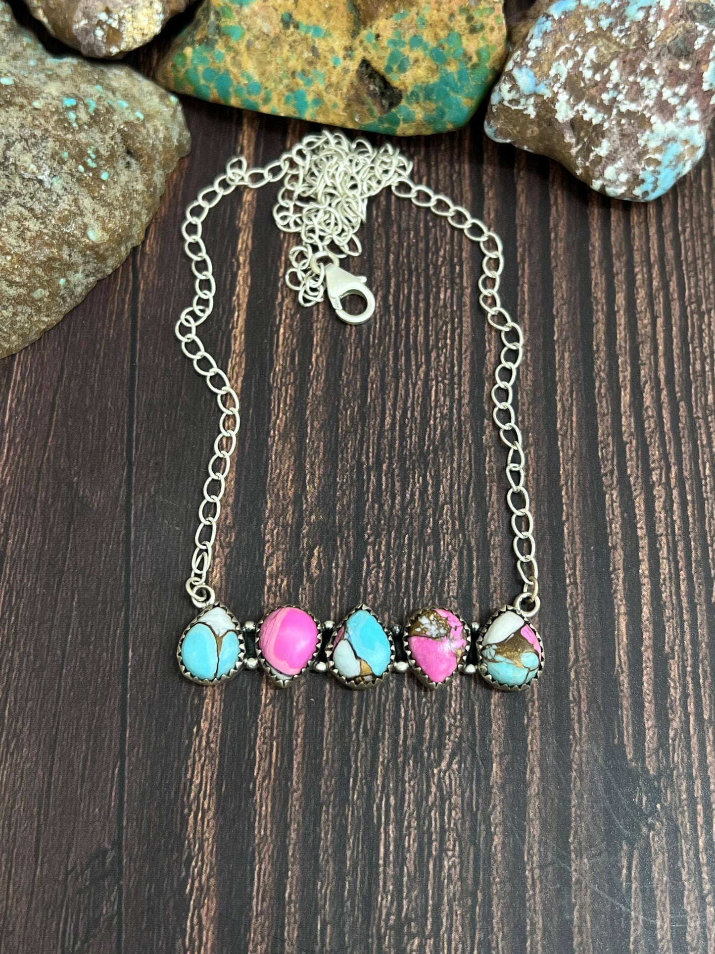 Handmade Sterling Silver Cotton Candy Turquoise Necklace with Signed Nizhoni