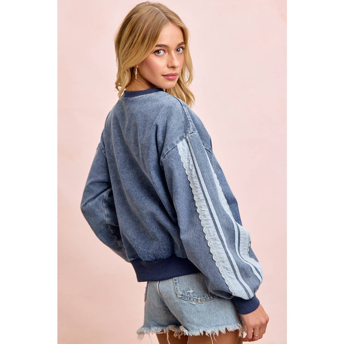 WASHED DENIM LACE CONTRAST SIDED SWEATSHIRT TOP