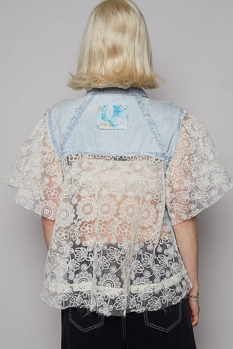 Short sleeve denim lace peace patch solid jacket