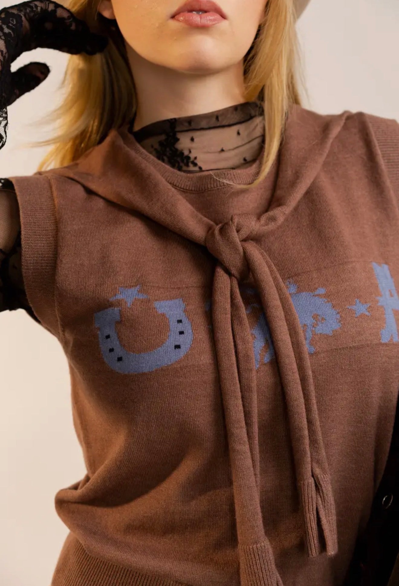 USA Western Shoulder Tie Knit Top