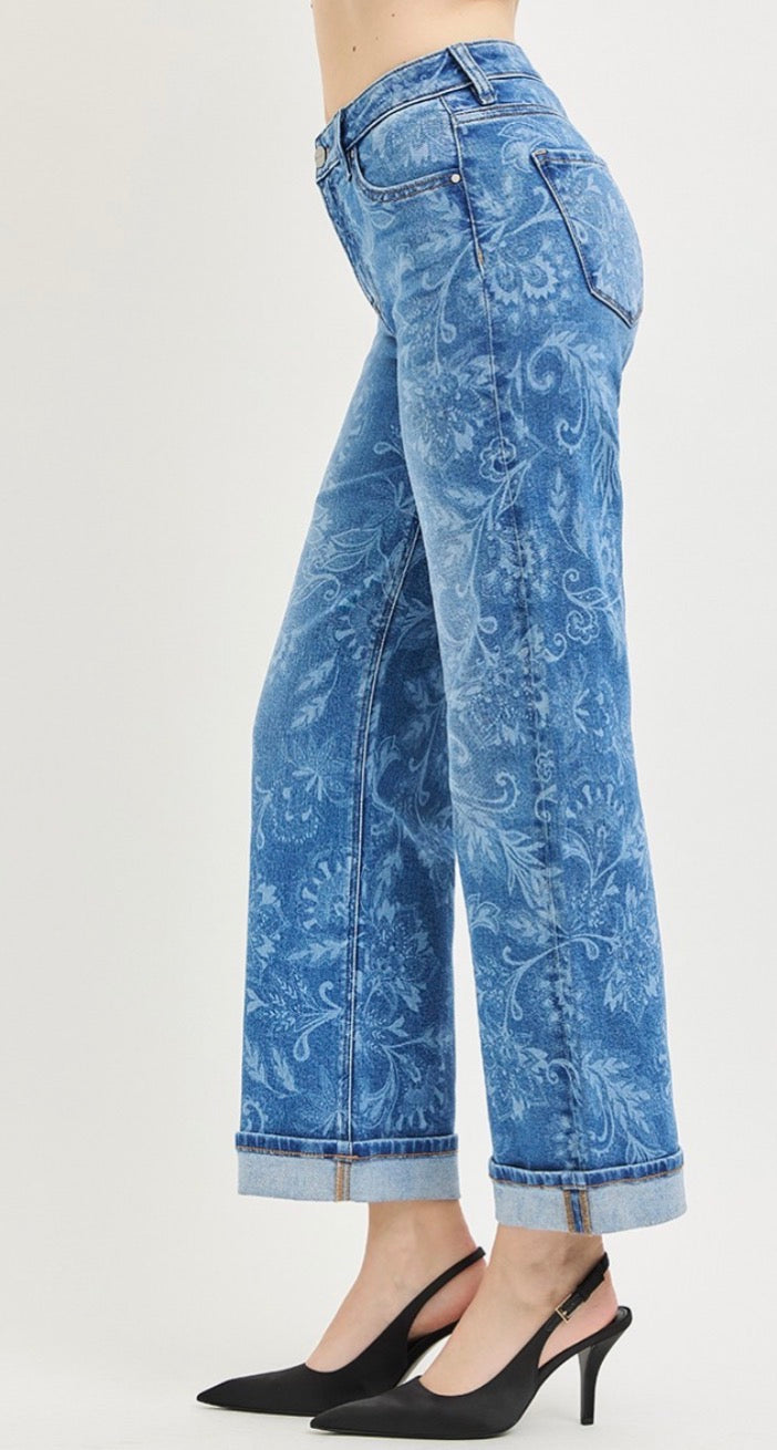 Risen - Mid Rise Ankle Straight Print Details Jeans