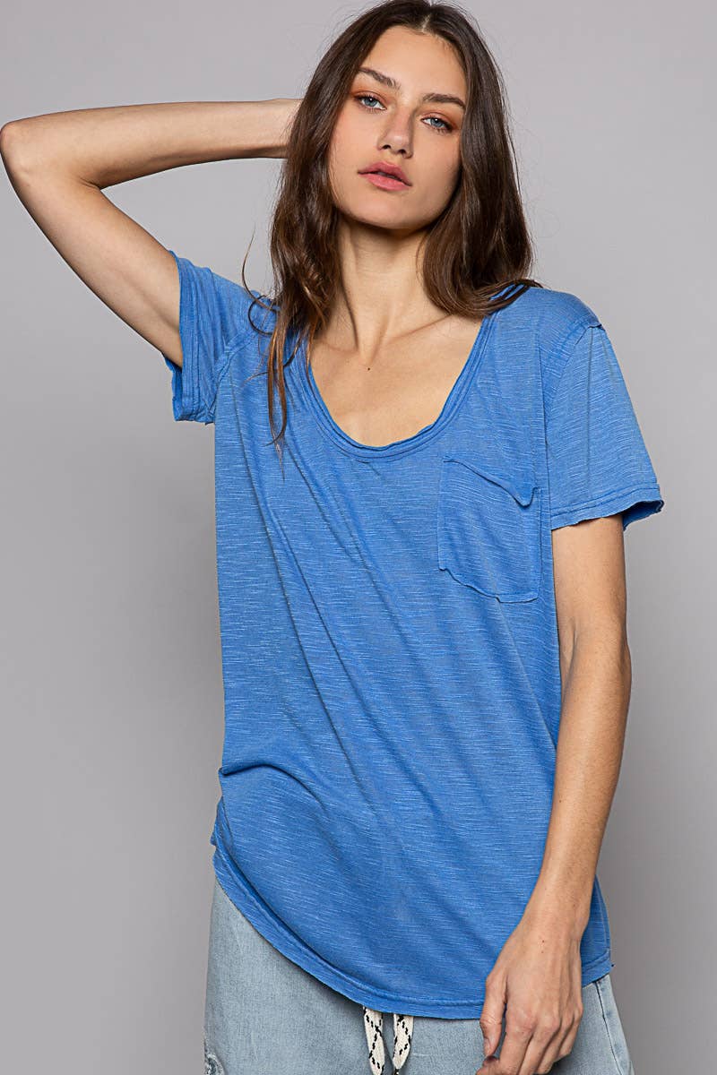 Scoop Neck Rayon Slub Tee with Pocket Front and Short Sleeve