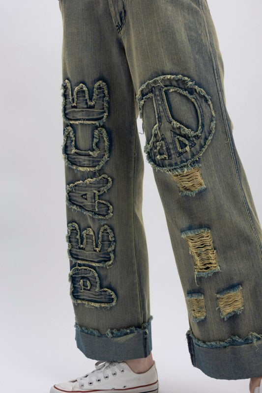 Peace Patch Distressed Denim Pants