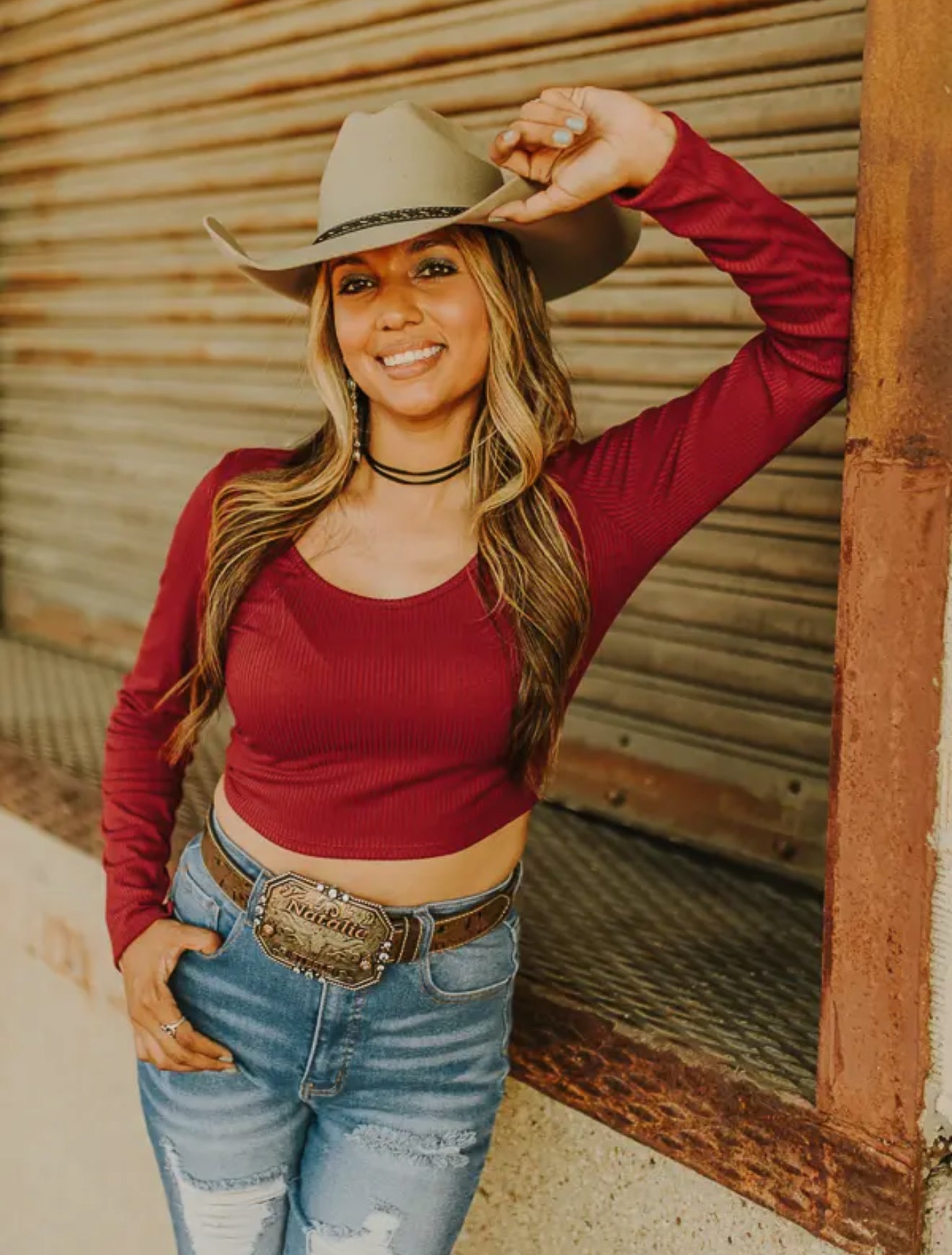 Ribbed Scoop Neck Long Sleeve Cropped Top