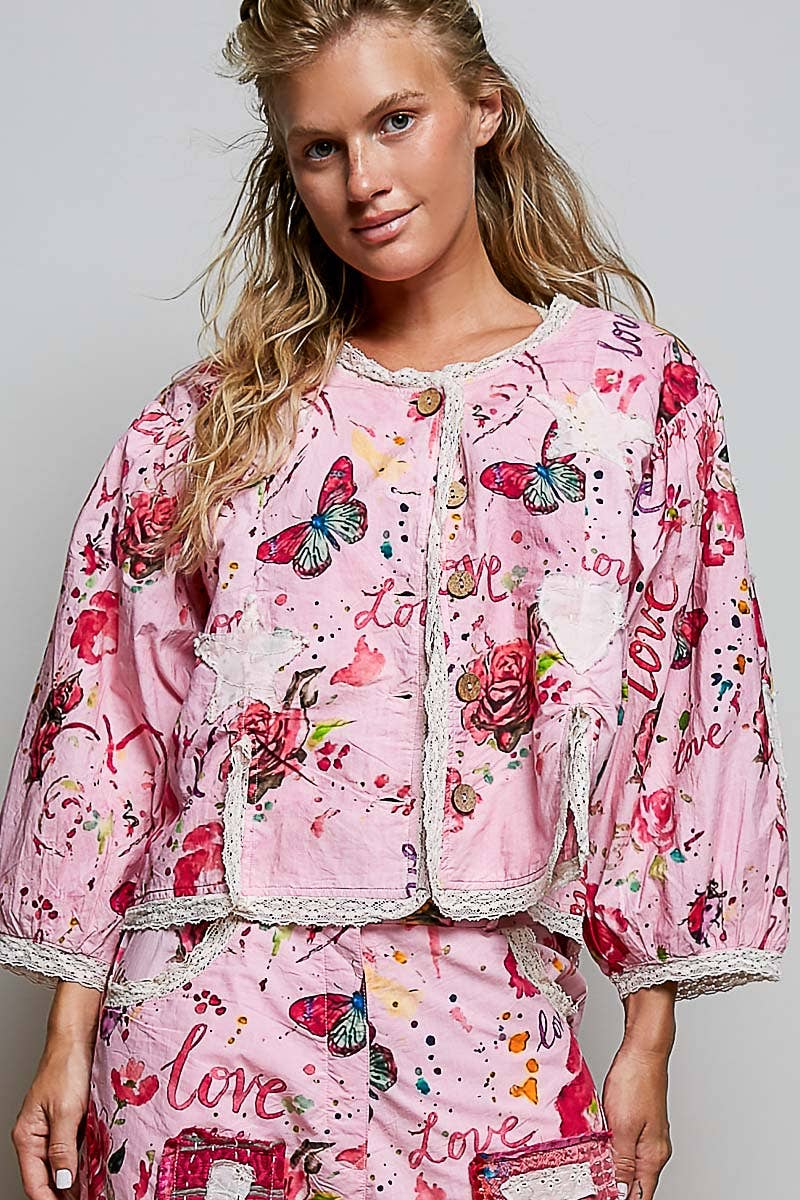 Lace Trimmed Placket Printed Vintage Star Appliqués Jacket
