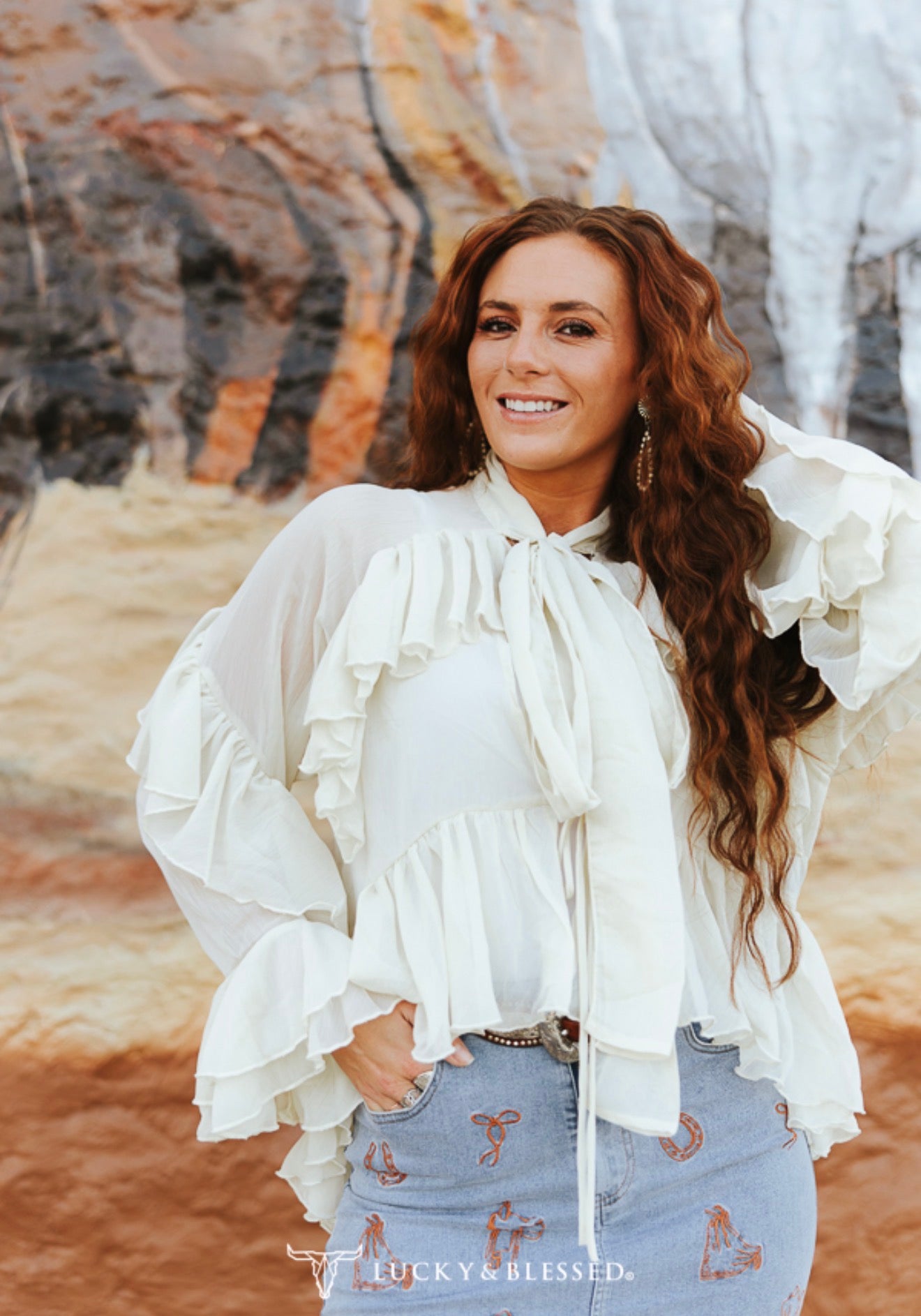 SHEER RUFFLE TIE NECK WESTERN BLOUSE