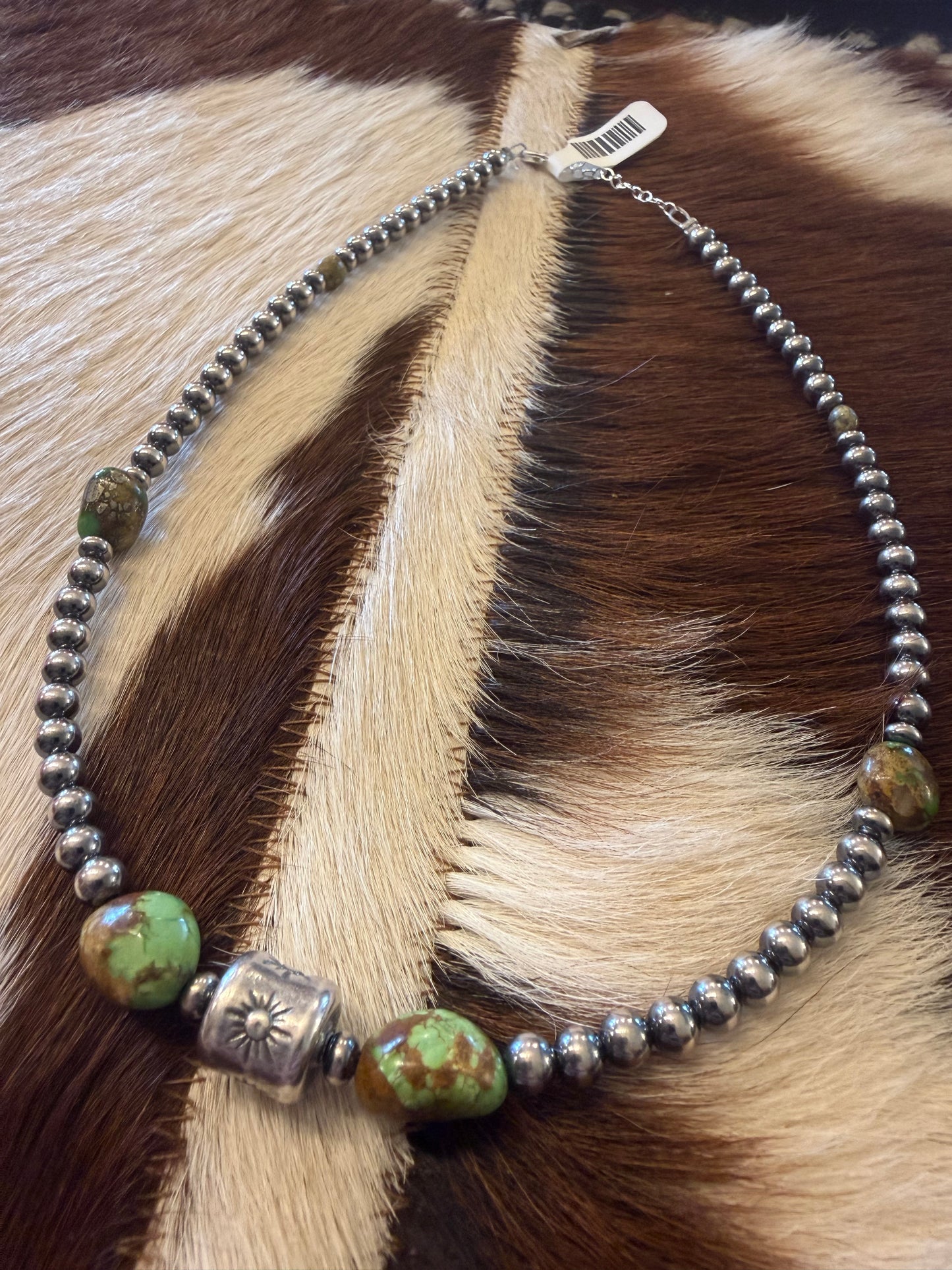 Rare Sonoran Gold Turquoise & Sterling Silver Barrel Bead Necklace