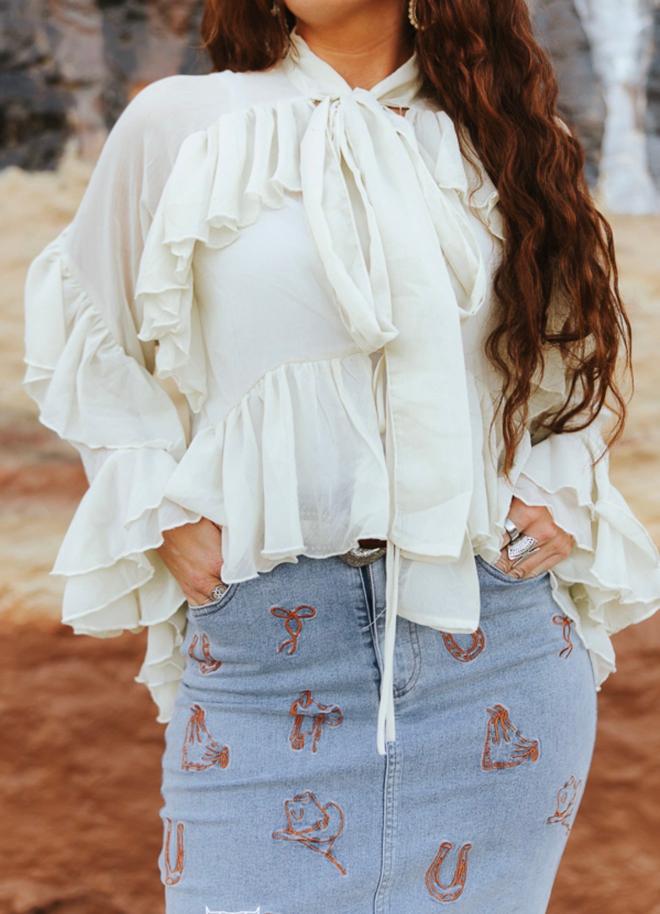 SHEER RUFFLE TIE NECK WESTERN BLOUSE