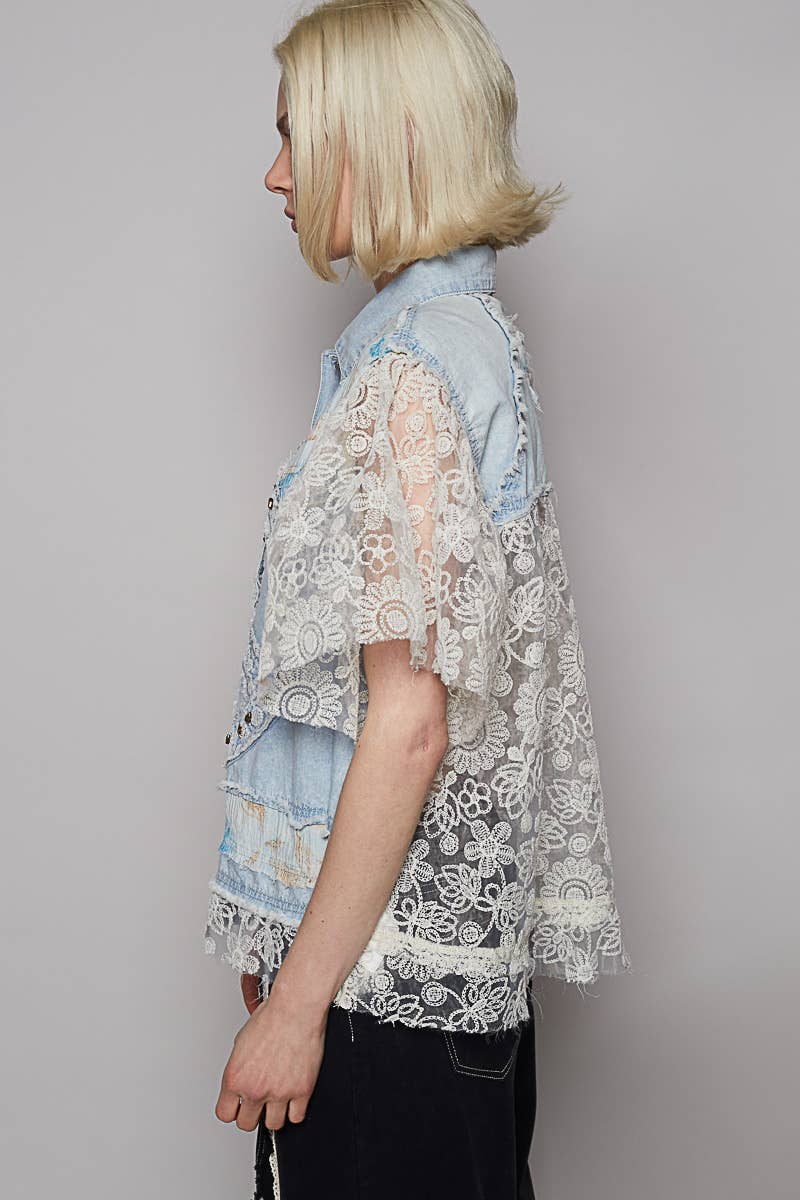 Short sleeve denim lace peace patch solid jacket