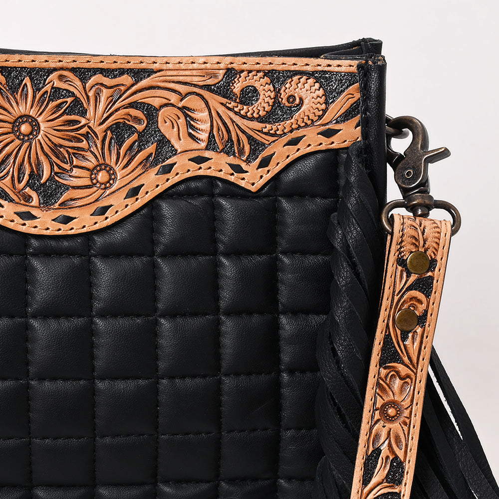Black Genuine Leather Crossbody Bag with Hand-Tooled Details and Fringes