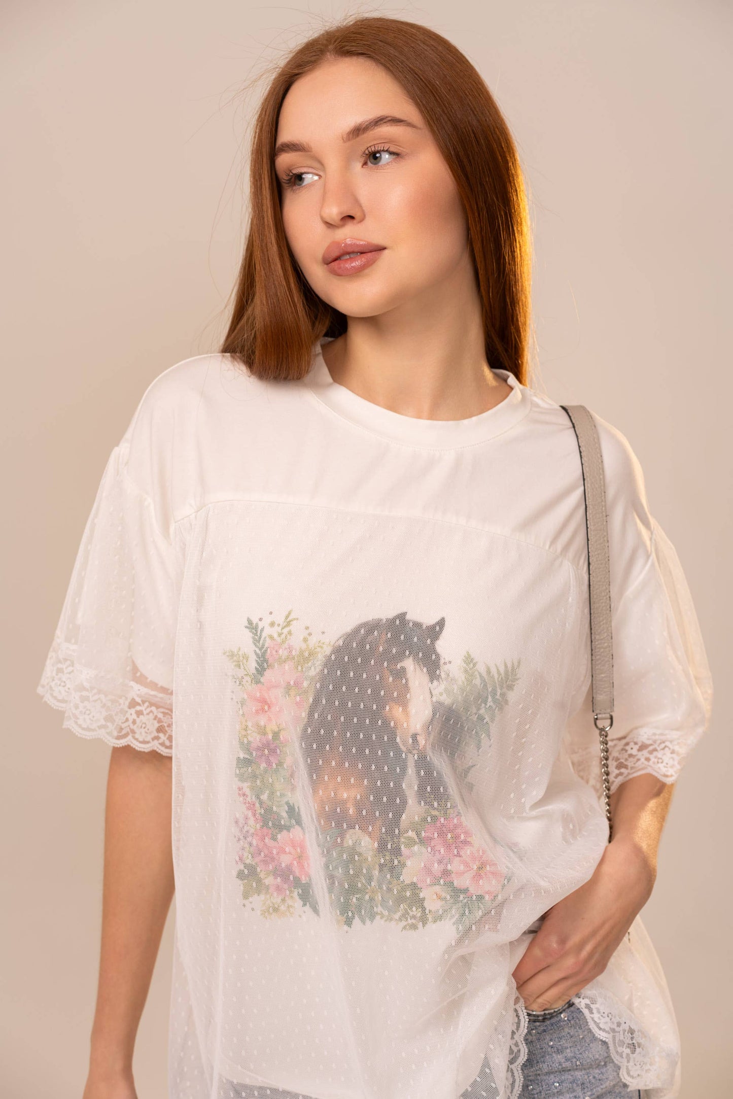Horse Print Mesh Lace Trim T-Shirt