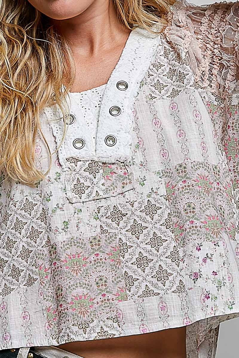 Long Sleeve V neck Lace Contrast Printed Woven Top