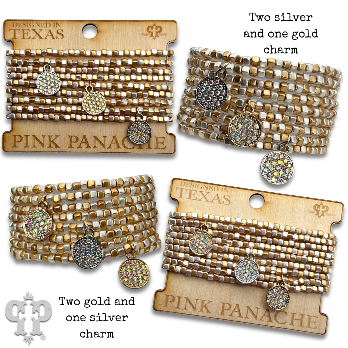 Gold and silver square bead bracelet with pave rhinestone charms