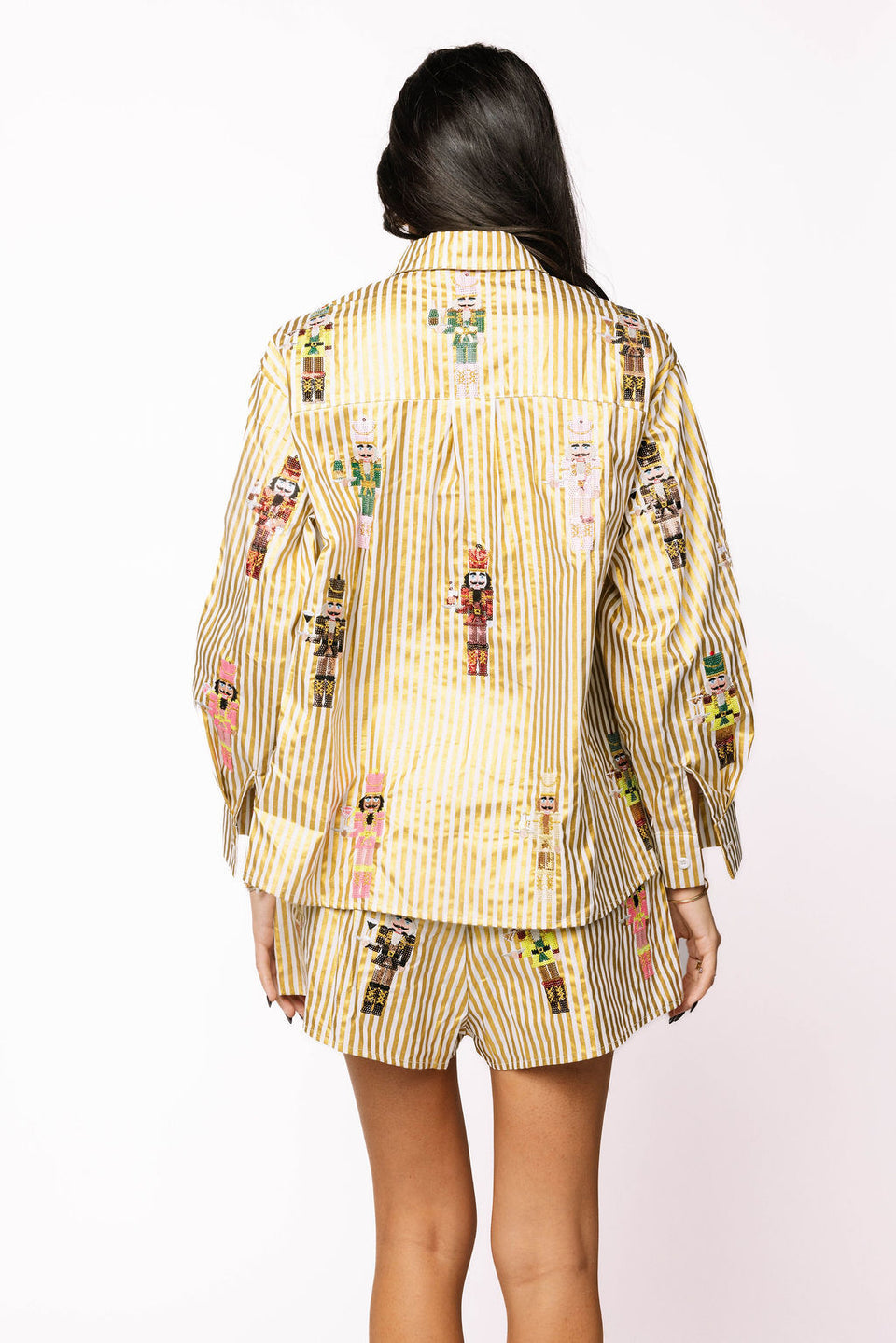Queen Of Sparkles Gold Metallic Stripe Cocktail Serving Nutcracker Button Up
Top