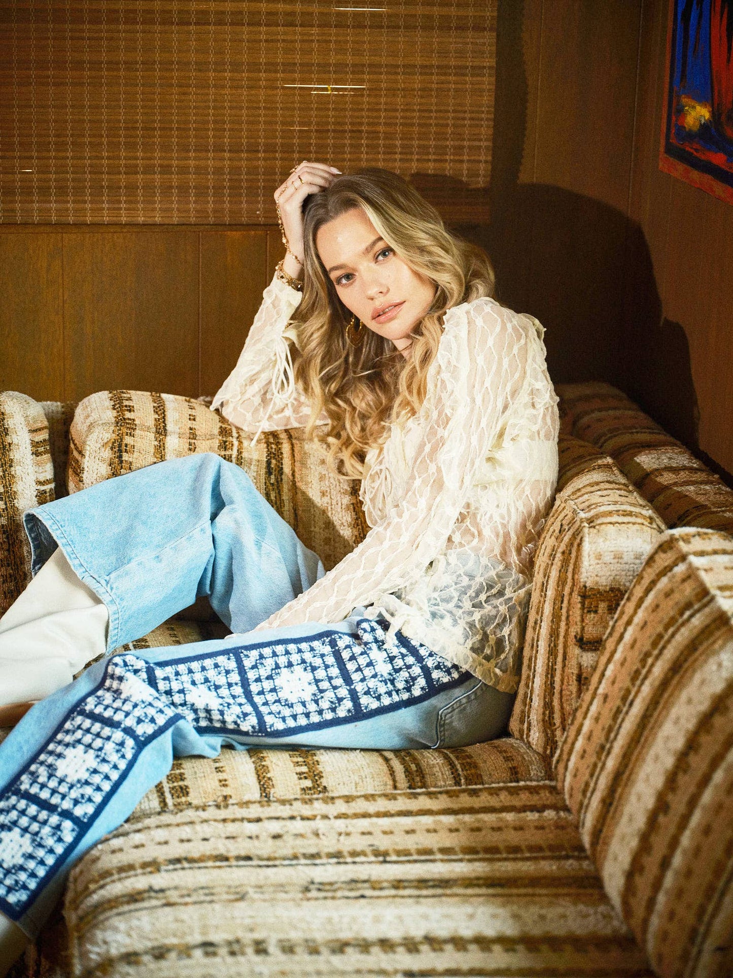 Sheer Ruffle Lace Tie Front Blouse